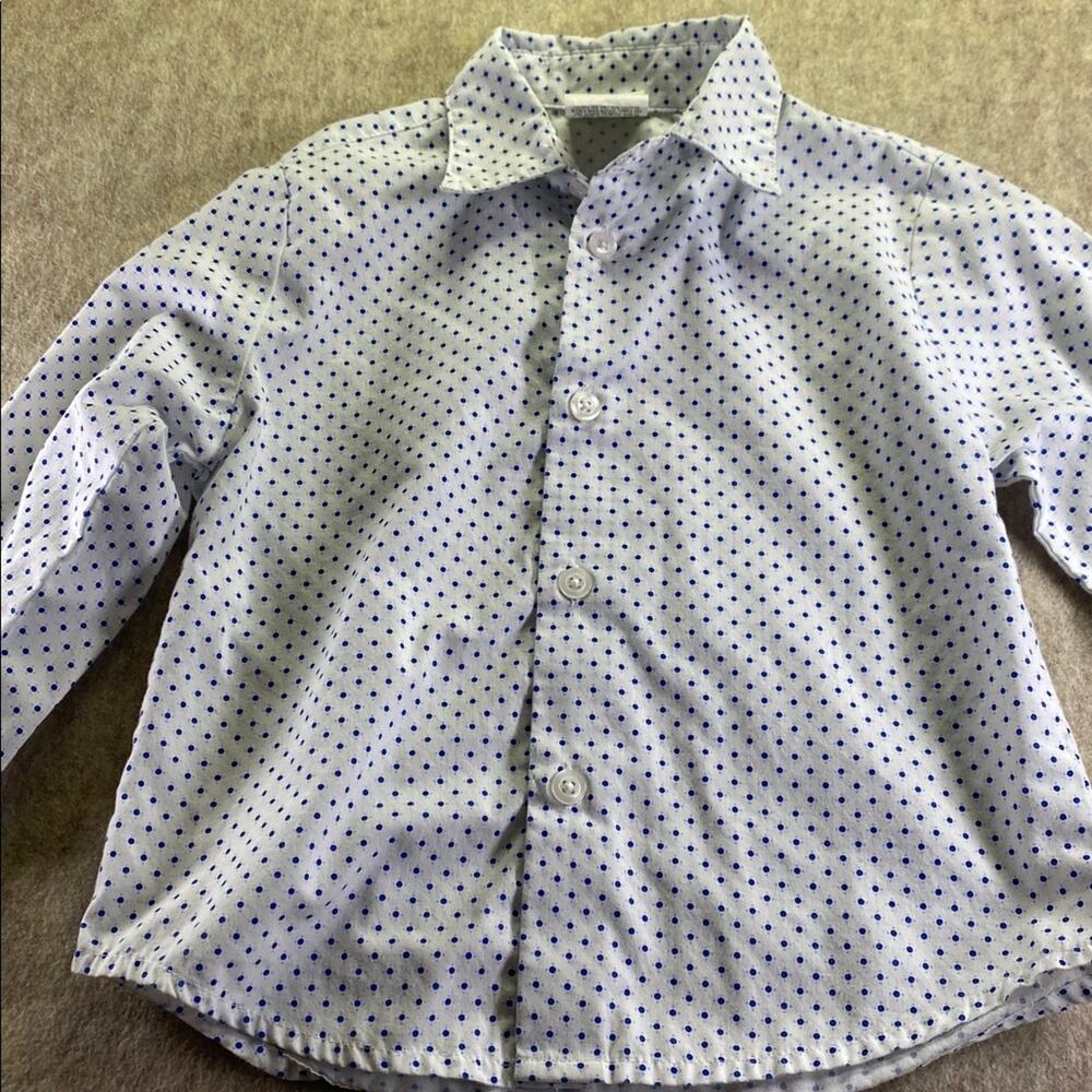 Van Heusen White Button Up Long Sleeve Collared Shirt with Blue Dots Size 3T